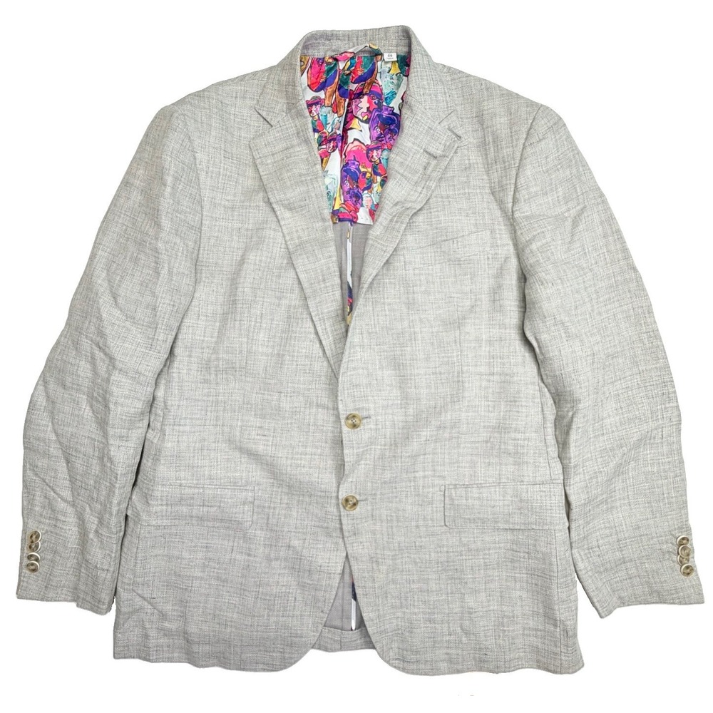 Robert Graham Men's 46 Gray Linen Cotton Blazer Pop Art Lining Sport Coat